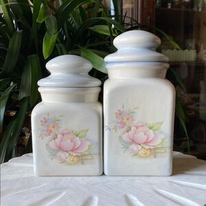Pair of 1980s Floral Square Canisters - Vintage Hand Crafted Cottagecore Jar Set